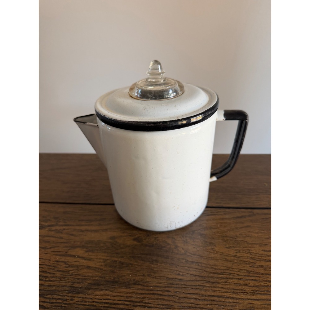 Vintage Enamelware Coffee Percolator White Glass Knob Black Trim Rustic
